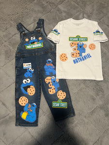 Cookie Monster overalls- Cookie Monster outfit- Cookie Monster birthday shirt- Cookie Monster birthday outfit